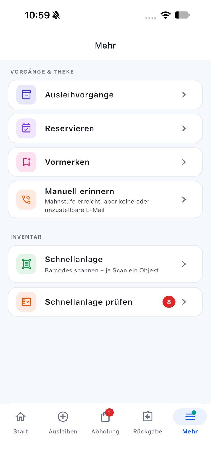 Menü „Mehr“ der depositoo App mit Ausleihvorgängen, Reservieren, Vormerken, Manuell erinnern, Schnellanlage und Schnellanlage prüfen