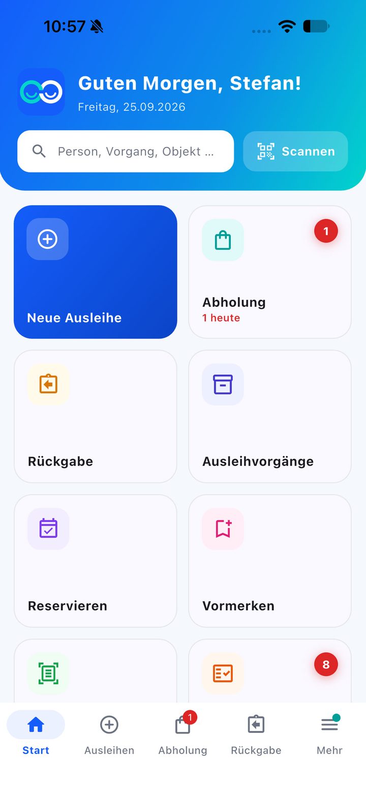 Startseite der depositoo App mit Suche, Scan-Button und Kacheln für Neue Ausleihe, Abholung, Rückgabe, Ausleihvorgänge, Reservieren und Vormerken